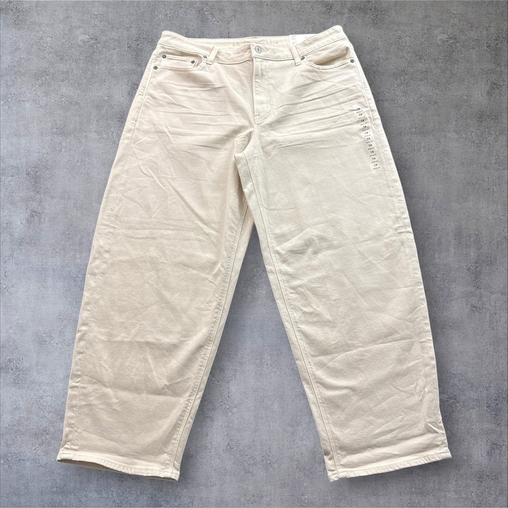 American Eagle Barrel Ecru Denim Stretch Jeans Womens 14 Regular Cream High Rise